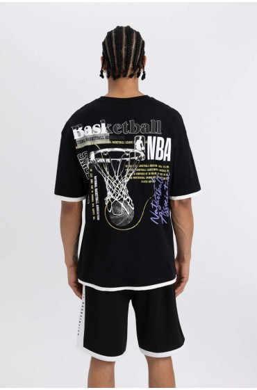 تیشرت آستین کوتاه چاپی DeFactoFit NBA Wordmark Oversize Fit Crew مردانه مشکی  دیفکتو