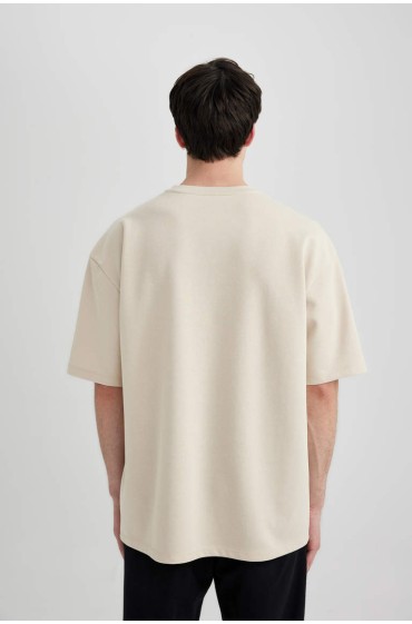 تیشرت آستین کوتاه پارچه ای یقه سنگین افتر سایز مردانه رنگ بژ  دیفکتو