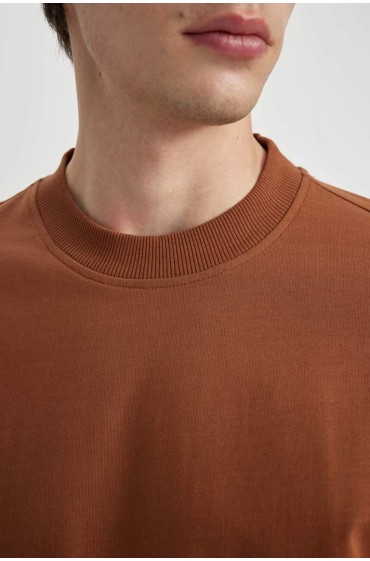تیشرت آستین کوتاه با یقه فیت اورسایز مردانه قهوه ای روشن  دیفکتو