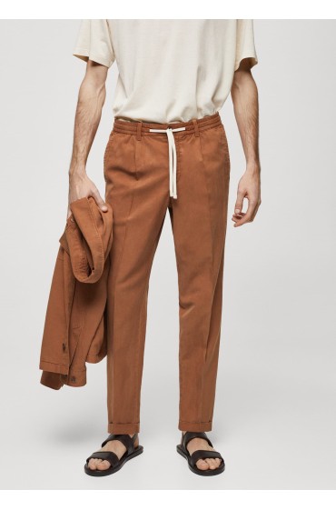 شلوار پارچه ای بند کشی ترکیبی کتان اسلیم فیت مردانه رنگ نارنجی سوخته منگو