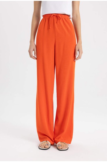 شلوار ترکیبی کتان با لگ بلند و فاق بلند زنانه نارنجی دیفکتو