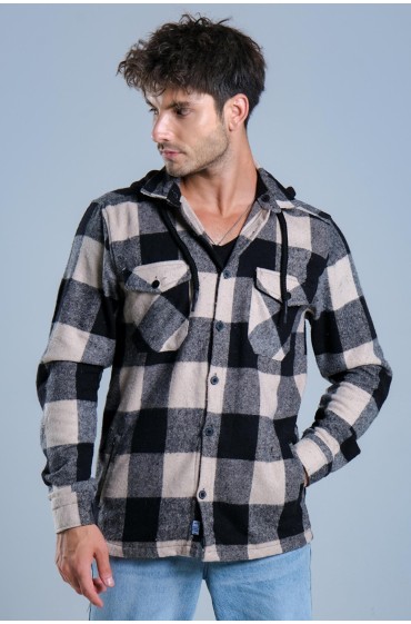 پیراهن چوب بری زمستانی با جیب کلاهدار قابل جابجایی MAR4170 مردانه رنگ بژ  ال سی وایکیکی