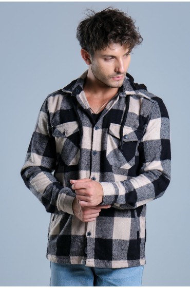 پیراهن چوب بری زمستانی با جیب کلاهدار قابل جابجایی MAR4170 مردانه رنگ بژ  ال سی وایکیکی