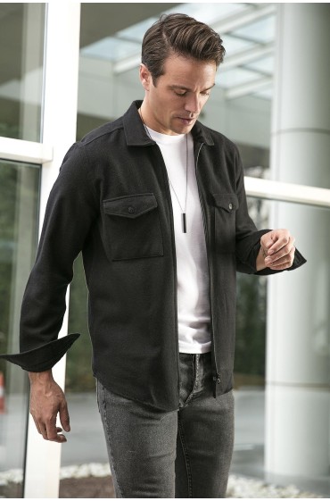 پیراهن چوبی زمستانی با زیپ دو جیب CF21W112925 مردانه مشکی  ال سی وایکیکی