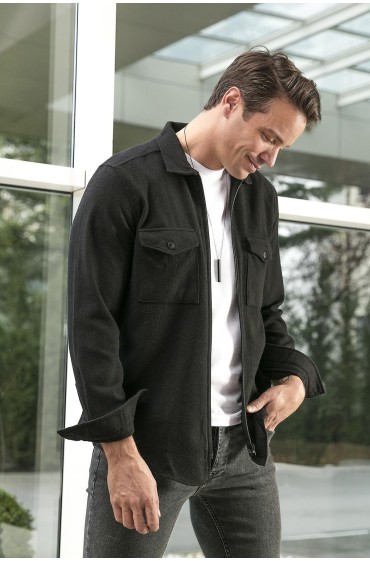 پیراهن چوبی زمستانی با زیپ دو جیب CF21W112925 مردانه مشکی  ال سی وایکیکی