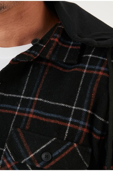 پیراهن جامبرجک زمستانی کلاهدار قابل جابجایی شطرنجی معمولی CF24W126985 مردانه مشکی  ال سی وایکیکی