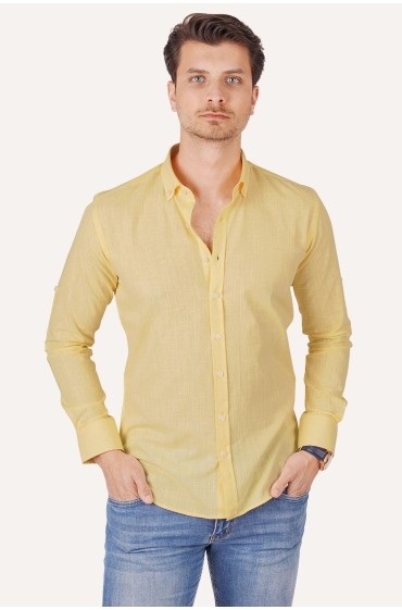 پیراهن کتان سه دکمه یقه زرد با جعبه کادو مردانه رنگ زرد  ال سی وایکیکی