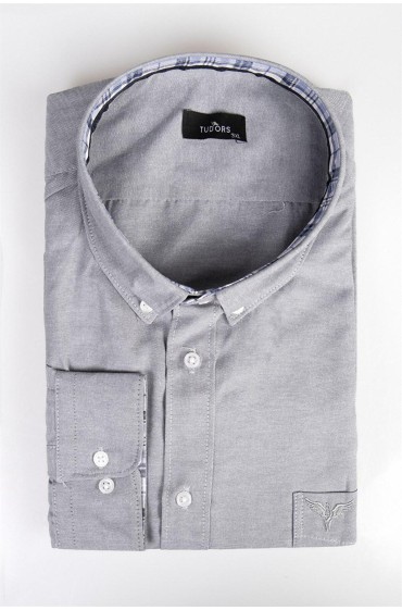پیراهن مردانه آستین بلند آکسفورد تکسچر پوپلین تزیین شده با یقه دکمه دار مردانه خاکستری  ال سی وایکیکی