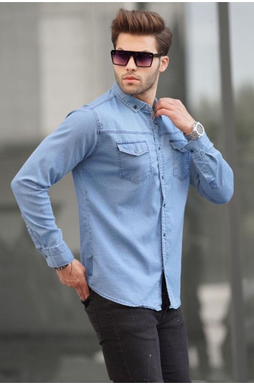 پیراهن مردانه 6810 گاباردین Comfortable Fit آبی یخی مردانه بیبی آبی شسته شده  ال سی وایکیکی