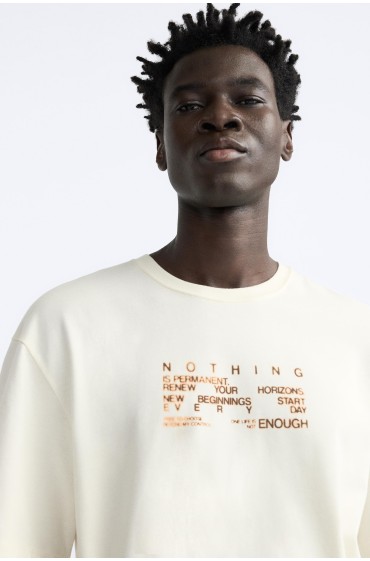 تیشرت با چاپ شعار مردانه سفید صدفی  زارا