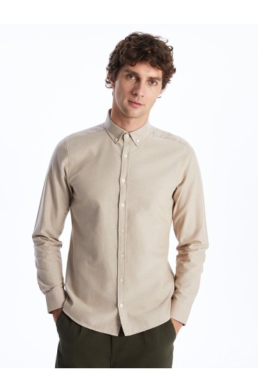 پیراهن آستین بلند مردانه آکسفورد اسلیم فیت مردانه رنگ بژ  ال سی وایکیکی