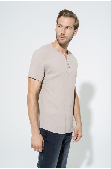 پیراهن سنگی آستین کوتاه 3 دکمه ارگانیک مردانه استخوانی  ال سی وایکیکی