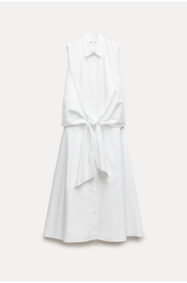 لباس شب با یقه پیراهنی پاپلین گره دار جلو دکمه زنانه سفید زارا