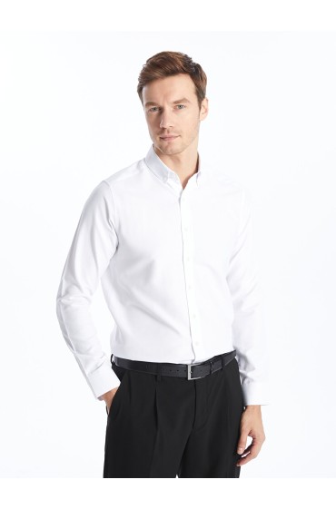 پیراهن آستین بلند مردانه آکسفورد اسلیم فیت مردانه بوکس سفید  ال سی وایکیکی