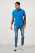پیراهن جیبی یقه دکمه ای 100% کتان CF21S111153 مردانه آبی  ال سی وایکیکی