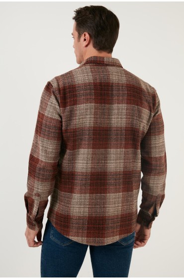 پیراهن آستین بلند شطرنجی با فیت اندام چوبی زمستانی CF21W112844 مردانه قهوه ای  ال سی وایکیکی