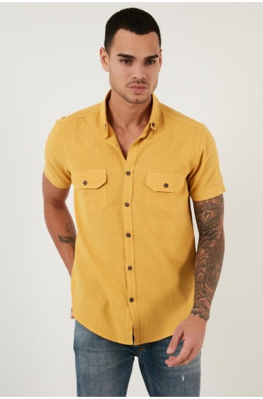 پیراهن جیبی یقه دکمه ای 100% کتان CF21S111153 مردانه رنگ زرد  ال سی وایکیکی