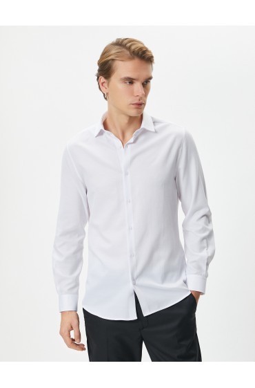 پیراهن کلاسیک یقه ایتالیایی آستین بلند دکمه دار مردانه سفید  کوتون