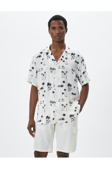 پیراهن تابستانی آستین کوتاه یقه رو به پایین چاپ درخت نخل مردانه طرح سفید  کوتون