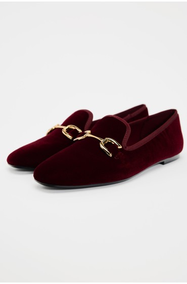 کفش تخت راحتی مخملی تزئین شده زنانه قرمز شرابی زارا