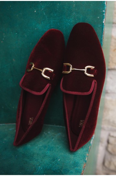 کفش تخت راحتی مخملی تزئین شده زنانه قرمز شرابی زارا