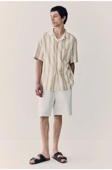 پیراهن یقه مردانه کتان ترکیبی ساده مردانه بژ / راه راه اچ اند ام