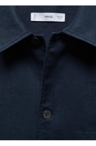 پیراهن 100% کتان برش معمولی با جیب مردانه آبی سرمه ای منگو