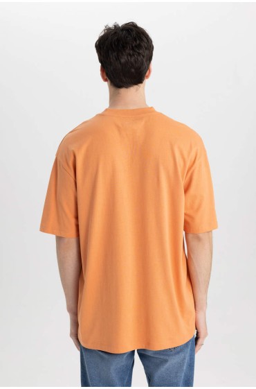 تیشرت آستین کوتاه یقه پرینت Comfort Fit مردانه نارنجی  دیفکتو