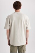 تیشرت پارچه ای سنگین با یقه آستین کوتاه طرح گرافیکی Comfort Fit مردانه استخوانی  دیفکتو
