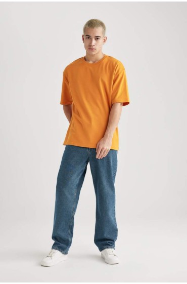 تیشرت پارچه ای سنگین با یقه آستین کوتاه با اورسایز مردانه نارنجی  دیفکتو