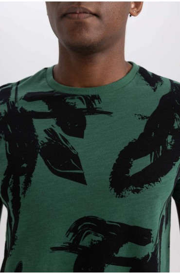 تیشرت آستین کوتاه طرح دار یقه اسلیم فیت مردانه سبز  دیفکتو