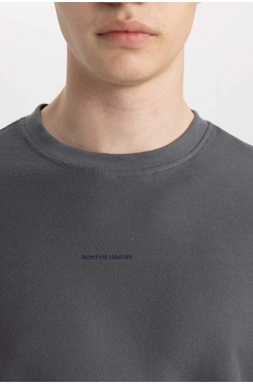 تیشرت پارچه ای سنگین با یقه آستین کوتاه طرح گرافیکی Comfort Fit مردانه خاکستری  دیفکتو