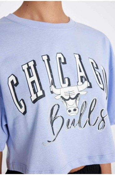 تیشرت آستین کوتاه یقه گرد DeFactoFit NBA Chicago Bulls زنانه آبی کمرنگ دیفکتو