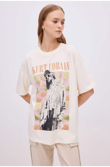 تیشرت آستین کوتاه Unisex Kurt Cobain Oversize Fit Crew زنانه سفید اکرو دیفکتو