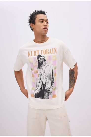 تیشرت آستین کوتاه Unisex Kurt Cobain Oversize Fit Crew زنانه سفید اکرو دیفکتو