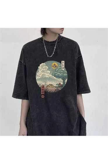 تیشرت Vintage Unisex Ukiyo-E Neighbor's قابل شستشو زنانه خاکستری ال سی وایکیکی