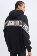 سویشرت ضخیم طرح گرافیکی DeFactoFit NBA Chicago Bulls Boxy Fit Hooded Back مردانه مشکی دیفکتو