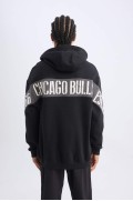 سویشرت ضخیم طرح گرافیکی DeFactoFit NBA Chicago Bulls Boxy Fit Hooded Back مردانه مشکی دیفکتو