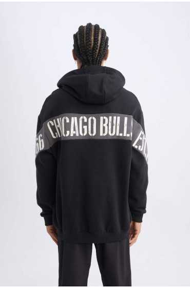 سویشرت ضخیم طرح گرافیکی DeFactoFit NBA Chicago Bulls Boxy Fit Hooded Back مردانه مشکی دیفکتو