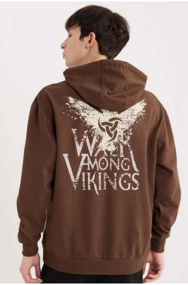 بلوز Vikings Valhalla Boxy Fit Hooded Headed Headed Back مردانه قهوه ای دیفکتو