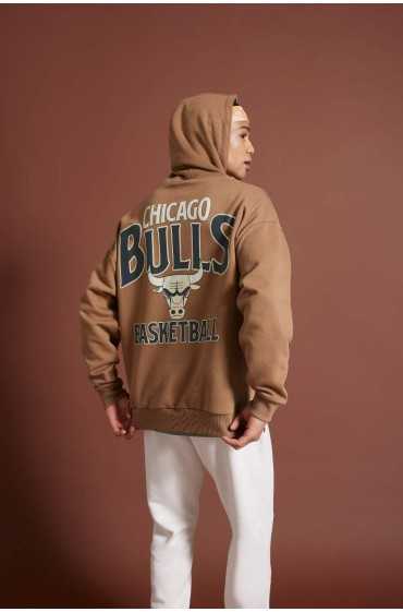 سویشرت ضخیم کلاهدار DeFactoFit NBA Chicago Bulls مردانه قهوه ای دیفکتو