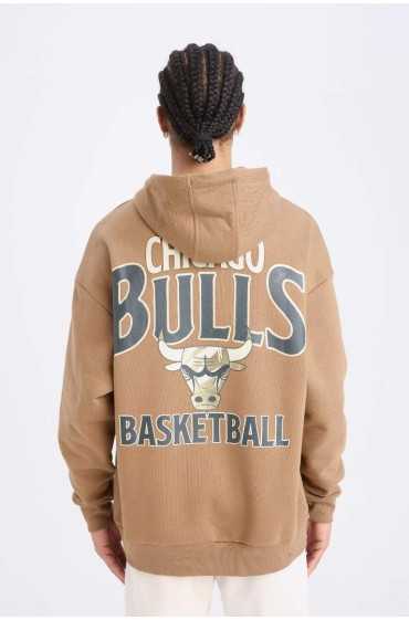 سویشرت ضخیم کلاهدار DeFactoFit NBA Chicago Bulls مردانه قهوه ای دیفکتو