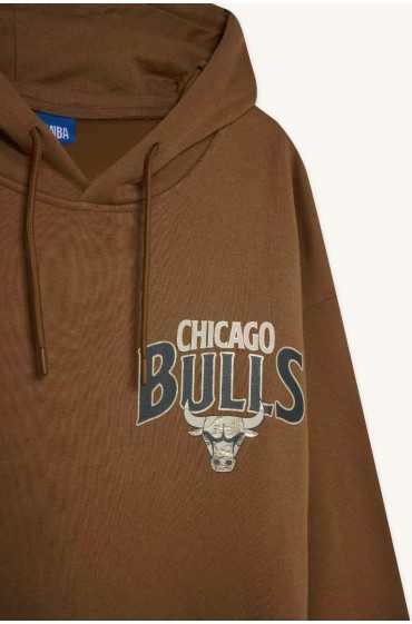 سویشرت ضخیم کلاهدار DeFactoFit NBA Chicago Bulls مردانه قهوه ای دیفکتو