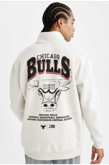 Defactofit NBA Chicago Bulls Oversiz Wide Gold Upright Collar Zipped Back Back Printed مردانه استخوانی دیفکتو