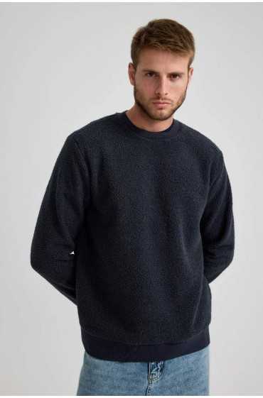  سویشرت معمولی Fit Crew Neck Basic Sweatshirt ساده مخملی مردانه آبی سرمه ای دیفکتو 