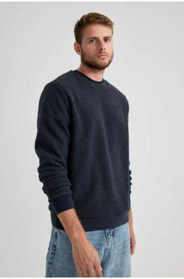  سویشرت معمولی Fit Crew Neck Basic Sweatshirt ساده مخملی مردانه آبی سرمه ای دیفکتو 