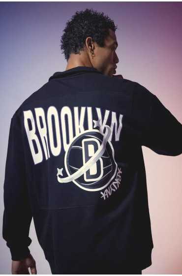 سویشرت یقه ای زیپ دار گشاد سایز DeFactoFit NBA Brooklyn Nets مردانه مشکی دیفکتو