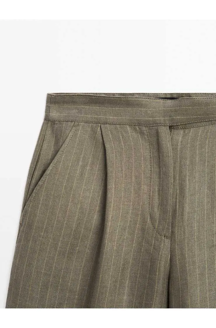 100% linen striped trousers with buckle detail, Massimo