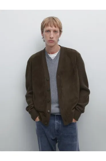 Wool and leather blend knit cardigan, Massimo dutti men