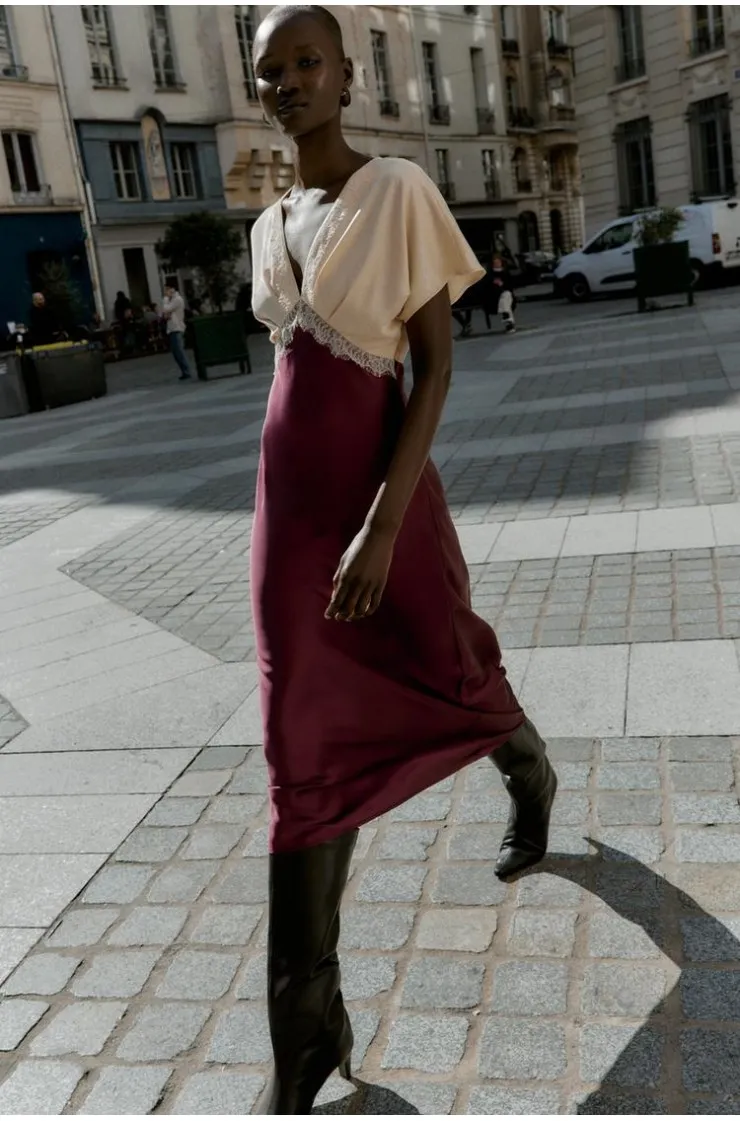 SATIN میدی DRESS WITH LACE TRIM, Zara women